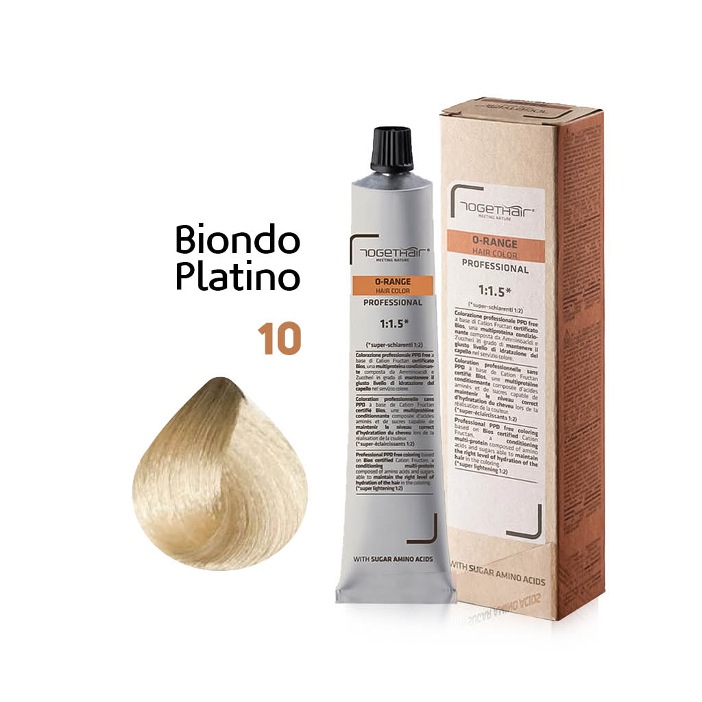 O-Range Hair Color - Colorazione Permanente in Crema - 10 Biondo Platino 100ml - TogetHair INGREDIENTI FUNZIONALI Amminoacidi dello Zucchero (Cation Fructan) CONFEZIONE/FORMATO 100ml