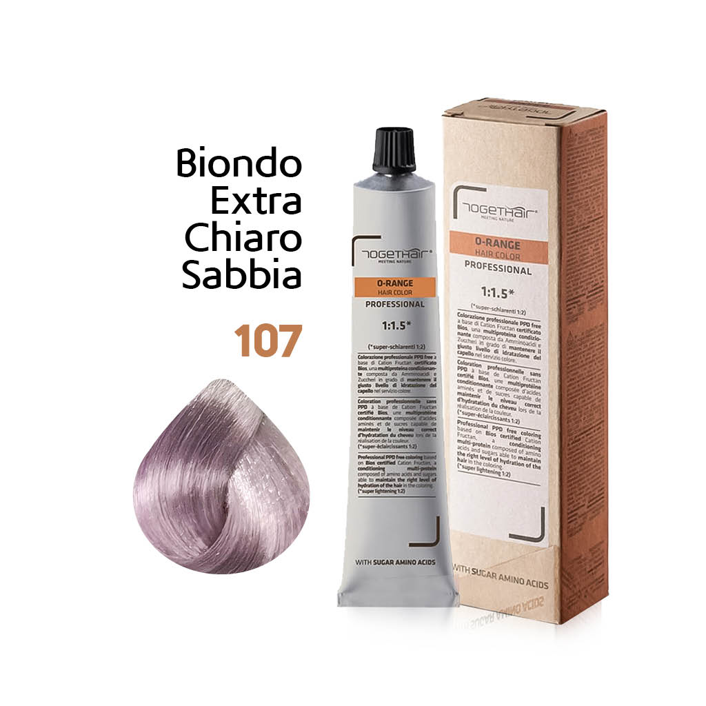 O-Range Hair Color - Colorazione Permanente in Crema - 107 Biondo Extra Chiaro Sabbia100ml - TogetHair INGREDIENTI FUNZIONALI Amminoacidi dello Zucchero (Cation Fructan) CONFEZIONE/FORMATO 100ml