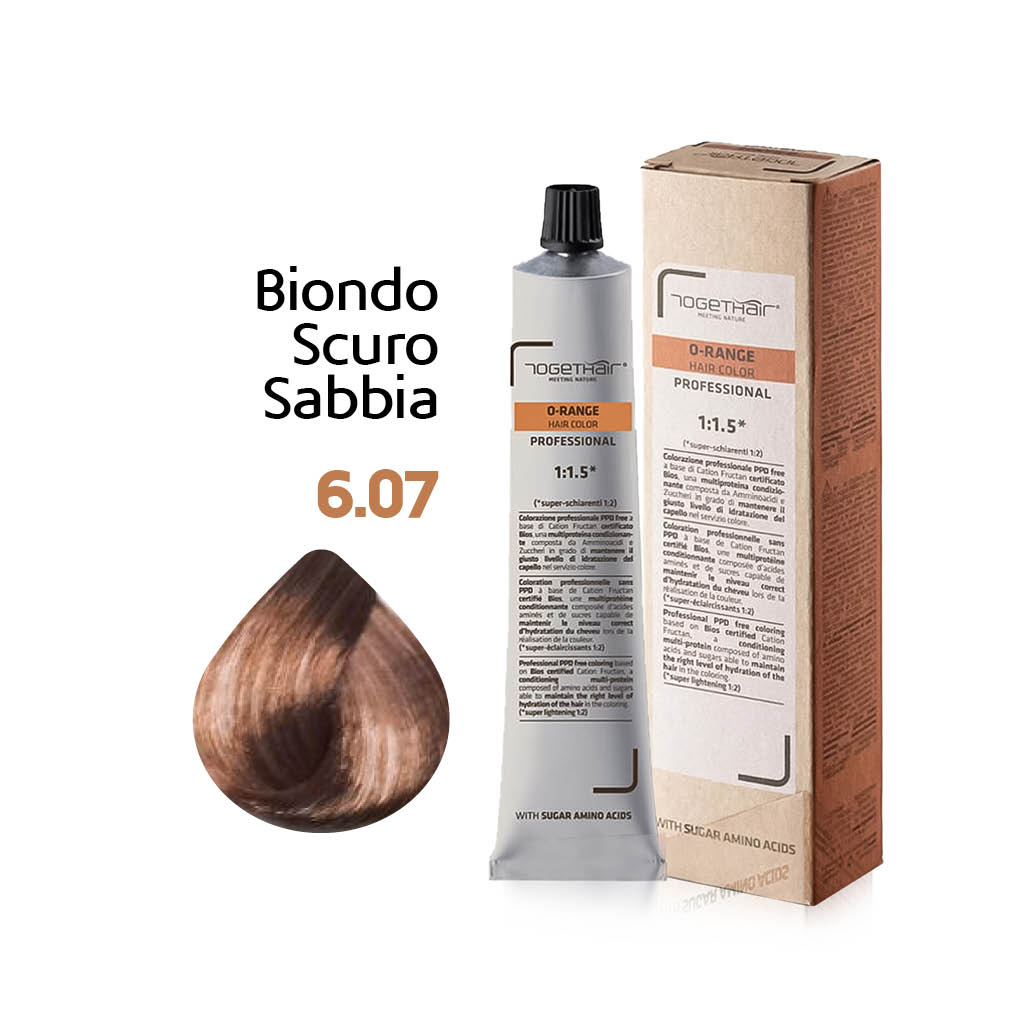 O-Range Hair Color - Colorazione Permanente in Crema - 6.07 Biondo Scuro Sabbia 100ml - TogetHair INGREDIENTI FUNZIONALI Amminoacidi dello Zucchero (Cation Fructan) CONFEZIONE/FORMATO 100ml