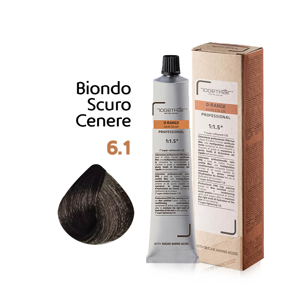 O-Range Hair Color - Colorazione Permanente in Crema - 6.1 Biondo Scuro Cenere 100ml - TogetHair INGREDIENTI FUNZIONALI Amminoacidi dello Zucchero (Cation Fructan) CONFEZIONE/FORMATO 100ml