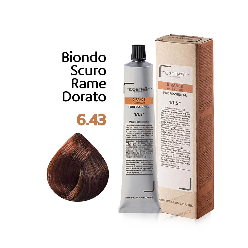 O-Range Hair Color - Colorazione Permanente in Crema - 6.43 Biondo Scuro Rame Dorato 100ml - TogetHair INGREDIENTI FUNZIONALI Amminoacidi dello Zucchero (Cation Fructan) CONFEZIONE/FORMATO 100ml