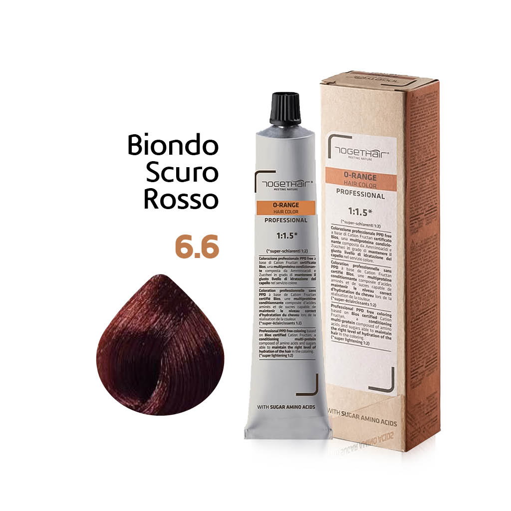 O-Range Hair Color - Colorazione Permanente in Crema - 6.6 Biondo Scuro Rosso 100ml - TogetHair INGREDIENTI FUNZIONALI Amminoacidi dello Zucchero (Cation Fructan) CONFEZIONE/FORMATO 100ml