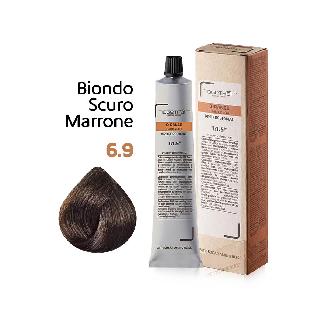 O-range Hair Color - Colorazione Permanente in Crema - 6.9 Biondo Scuro Marrone 100ml - TogetHair INGREDIENTI FUNZIONALI Amminoacidi dello Zucchero (Cation Fructan) CONFEZIONE/FORMATO 100ml