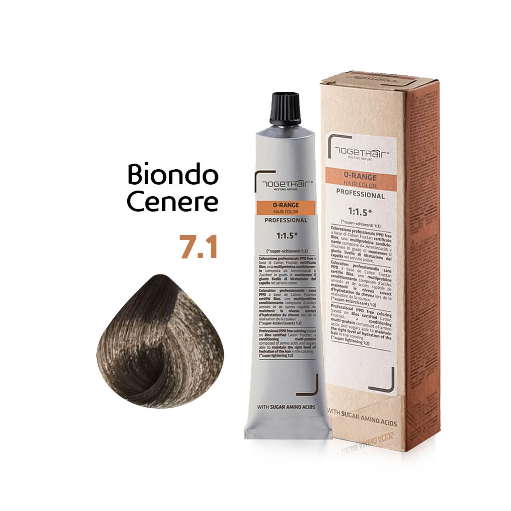 O-Range Hair Color - Colorazione Permanente in Crema - 7.1 Biondo Cenere 100ml - TogetHair INGREDIENTI FUNZIONALI Amminoacidi dello Zucchero (Cation Fructan) CONFEZIONE/FORMATO 100ml