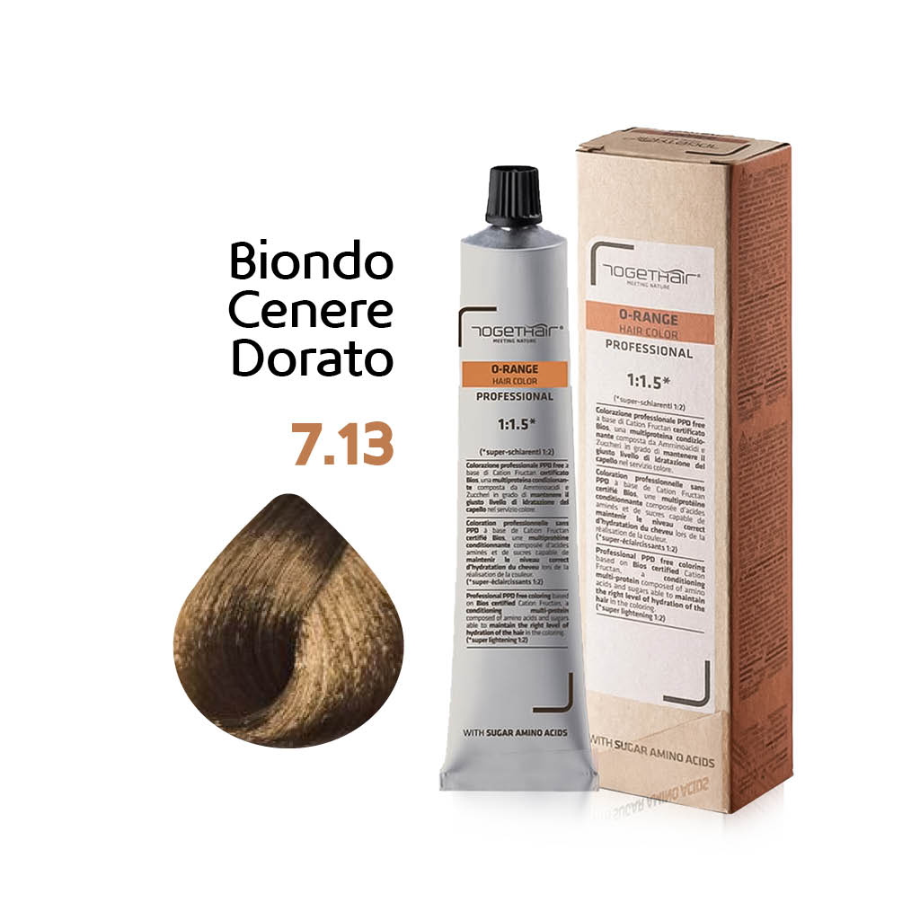 O-Range Hair Color - Colorazione Permanente in Crema - 7.13 Biondo Cenere Dorato 100ml - TogetHair INGREDIENTI FUNZIONALI Amminoacidi dello Zucchero (Cation Fructan) CONFEZIONE/FORMATO 100ml