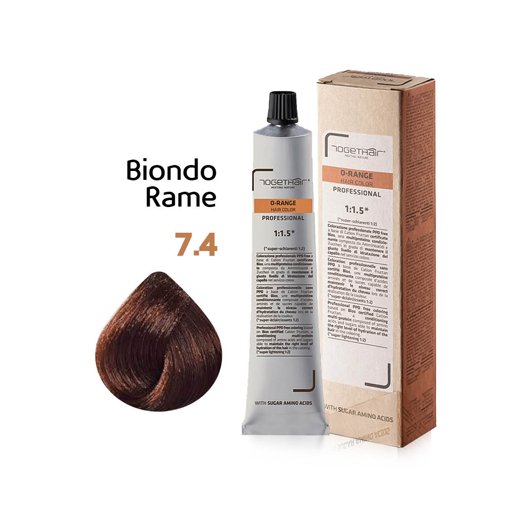 O-Range Hair Color - Colorazione Permanente in Crema - 7.4 Biondo Rame 100ml - TogetHair INGREDIENTI FUNZIONALI Amminoacidi dello Zucchero (Cation Fructan) CONFEZIONE/FORMATO 100ml