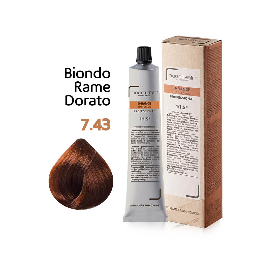 O-Range Hair Color - Colorazione Permanente in Crema - 7.43 Biondo Rame Dorato 100ml - TogetHair INGREDIENTI FUNZIONALI Amminoacidi dello Zucchero (Cation Fructan) CONFEZIONE/FORMATO 100ml