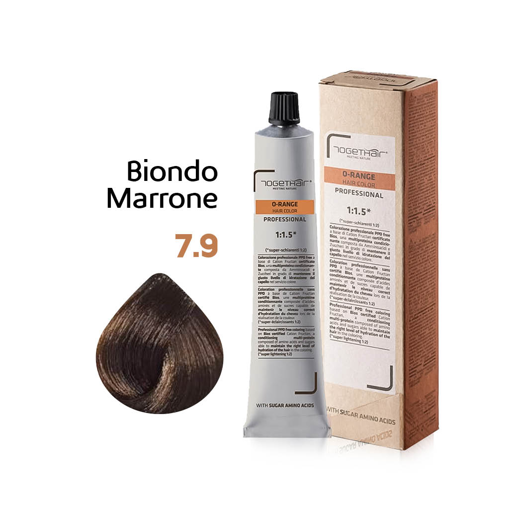 O-Range Hair Color - Colorazione Permanente in Crema - 7.9 Biondo Marrone 100ml - TogetHair INGREDIENTI FUNZIONALI Amminoacidi dello Zucchero (Cation Fructan) CONFEZIONE/FORMATO 100ml