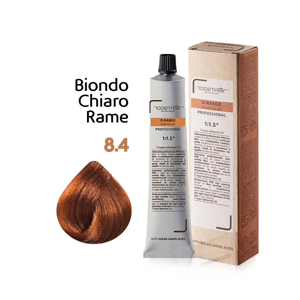 O-Range Hair Color - Colorazione Permanente in Crema - 8.4 Biondo Chiaro Rame 100ml - TogetHair INGREDIENTI FUNZIONALI Amminoacidi dello Zucchero (Cation Fructan) CONFEZIONE/FORMATO 100ml
