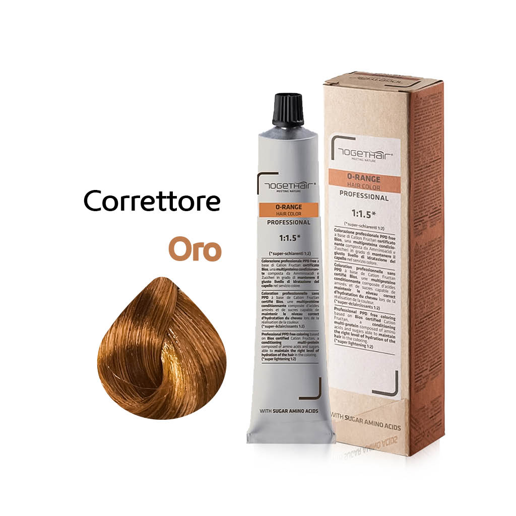 O-Range Hair Color - Colorazione Permanente in Crema - Correttore Oro 100ml - TogetHair INGREDIENTI FUNZIONALI Amminoacidi dello Zucchero (Cation Fructan) CONFEZIONE/FORMATO 100ml