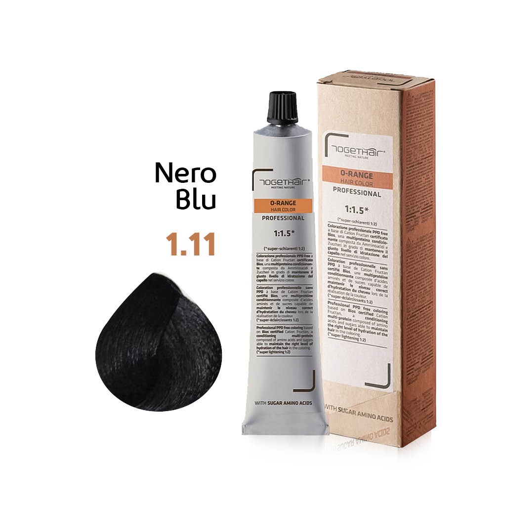 O-Range Hair Color - Colorazione Permanente in Crema - 1.11 Nero Blu 100ml - TogetHair INGREDIENTI FUNZIONALI Amminoacidi dello Zucchero (Cation Fructan) CONFEZIONE/FORMATO 100ml
