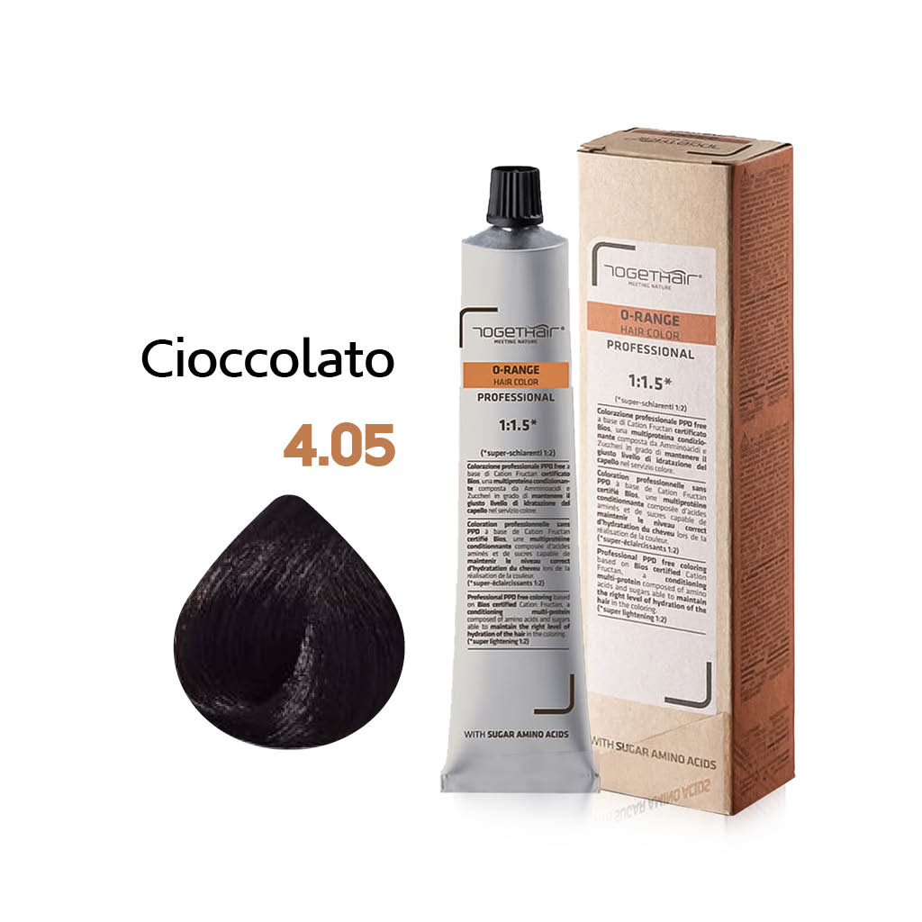 O-Range Hair Color - Colorazione Permanente in Crema - 4.05 Cioccolato 100ml - TogetHair INGREDIENTI FUNZIONALI Amminoacidi dello Zucchero (Cation Fructan) CONFEZIONE/FORMATO 100ml
