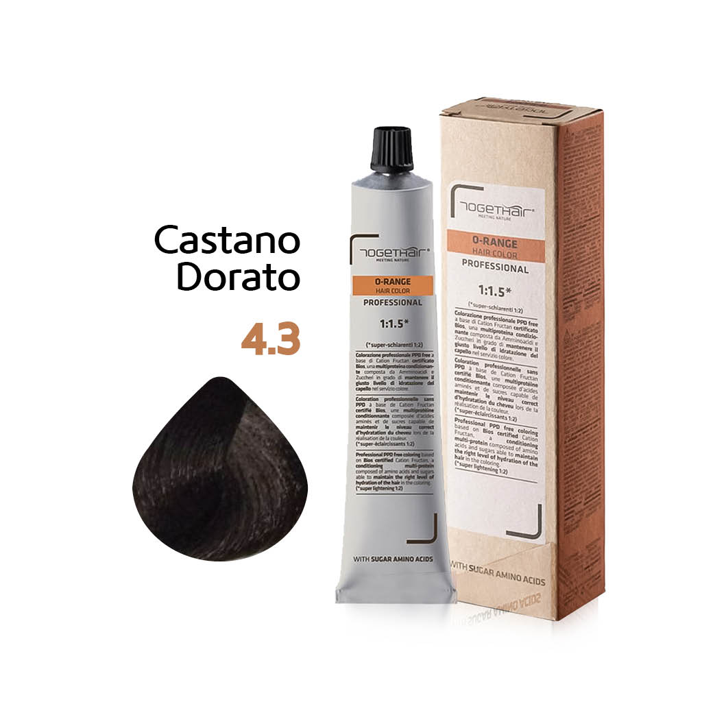 O-Range Hair Color - Colorazione Permanente in Crema - 4.3 Castano Dorato 100ml - TogetHair INGREDIENTI FUNZIONALI Amminoacidi dello Zucchero (Cation Fructan) CONFEZIONE/FORMATO 100ml