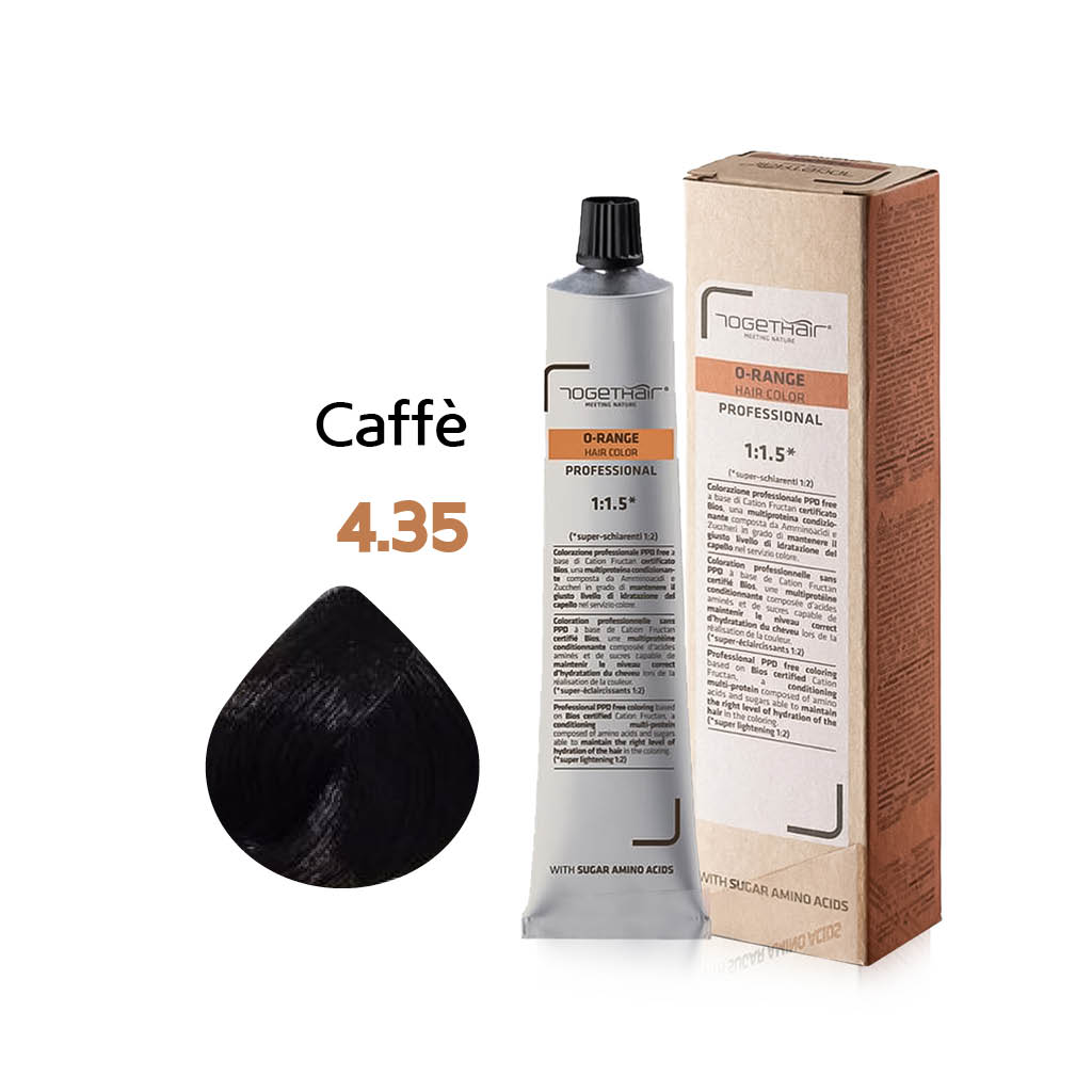 O-Range Hair Color - Colorazione Permanente in Crema - 4.35 Caffè 100ml - TogetHair INGREDIENTI FUNZIONALI Amminoacidi dello Zucchero (Cation Fructan) CONFEZIONE/FORMATO 100ml