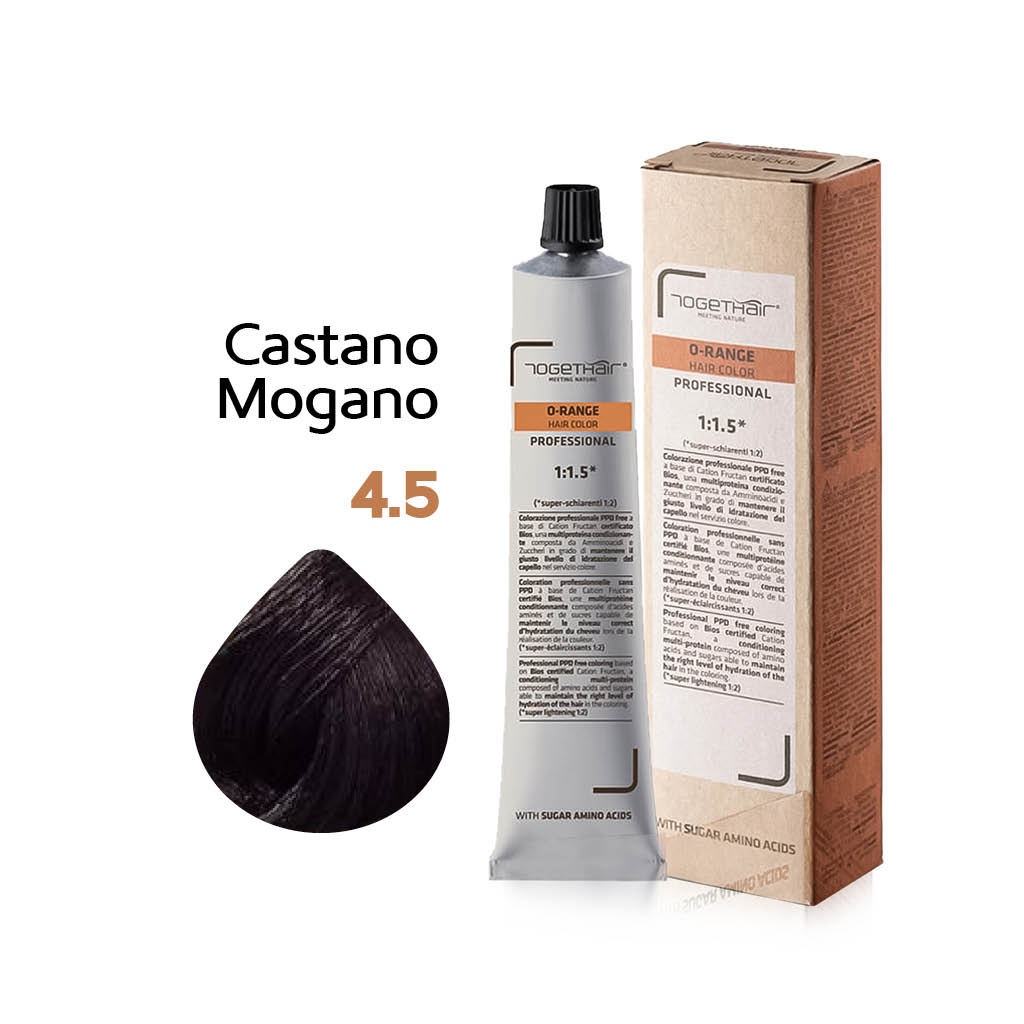 O-Range Hair Color - Colorazione Permanente in Crema - 4.5 Castano Mogano 100ml - TogetHair INGREDIENTI FUNZIONALI Amminoacidi dello Zucchero (Cation Fructan) CONFEZIONE/FORMATO 100ml
