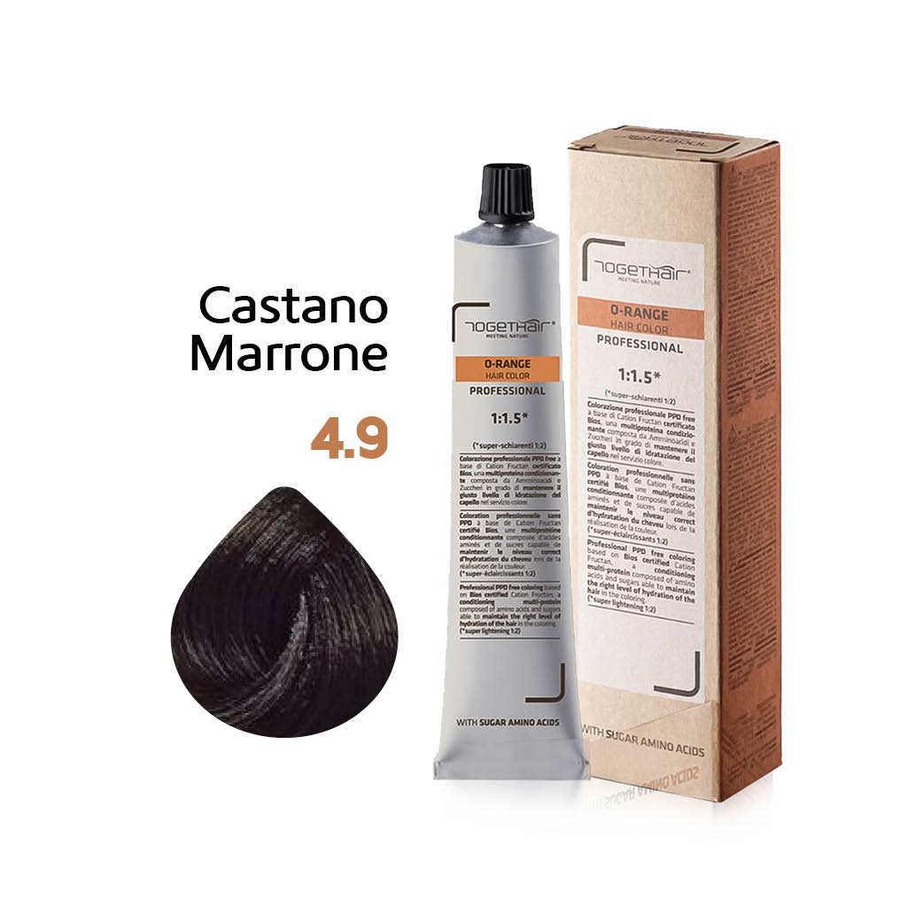 O-Range Hair Color - Colorazione Permanente in Crema - 4.9 Castano Marrone 100ml - TogetHair INGREDIENTI FUNZIONALI Amminoacidi dello Zucchero (Cation Fructan) CONFEZIONE/FORMATO 100ml